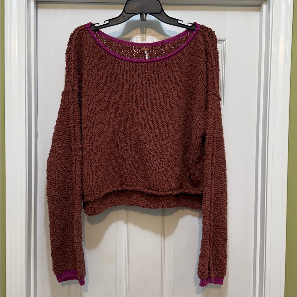 Free People Rosie Sweater Chutney Chunky Crop Pullover Drop Shoulder L - Picture 4 of 8